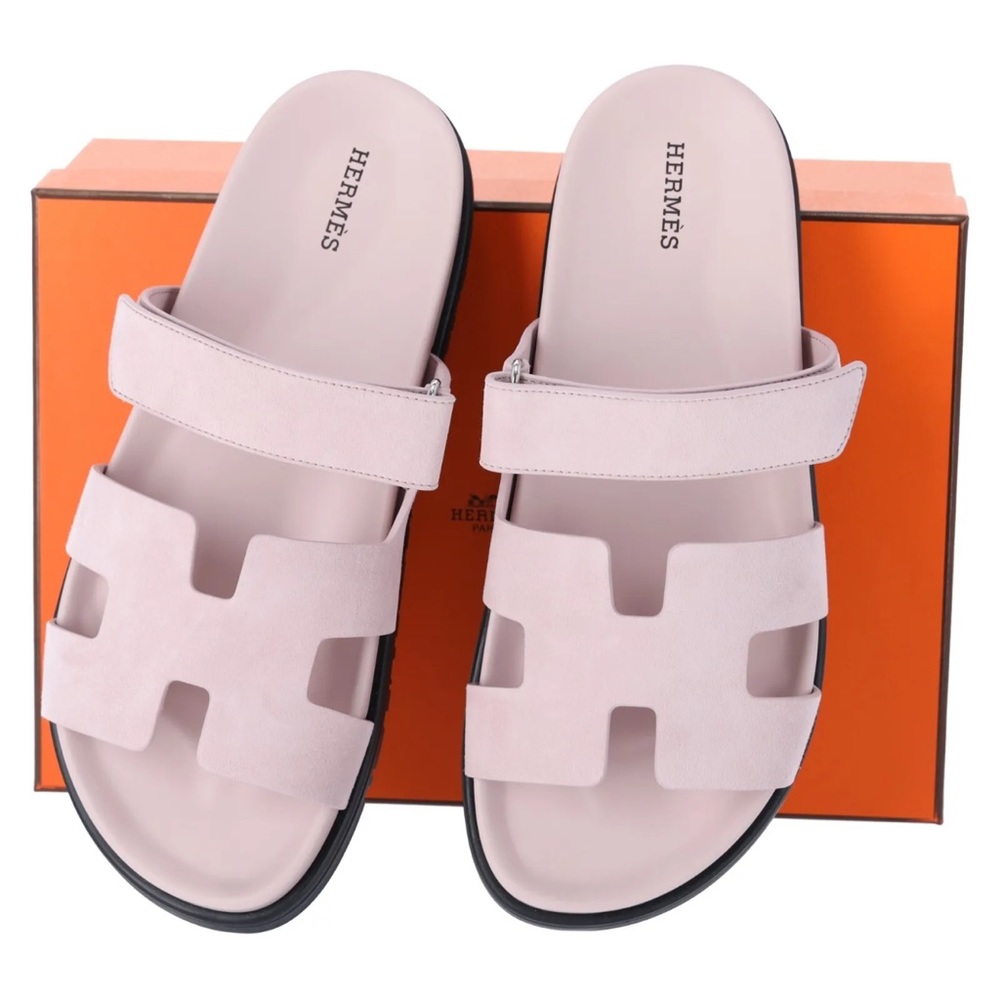 BNIB New Hermes Womens Suede Sandals Chypre Rose Porcelaine Pink Size 37